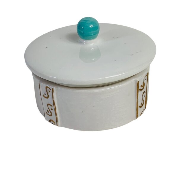 Iridescent Trinket Box Vanity Power Dish Lid Speckled Turquoise Knob Ceramic VTG - Picture 7 of 13